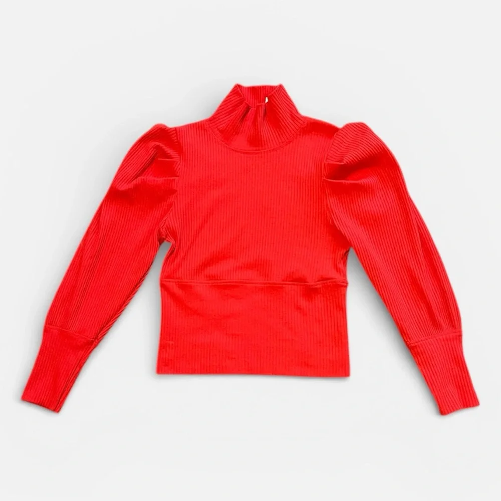 Free People Lala Cropped Ribbed Turtleneck Top in Red Size Small